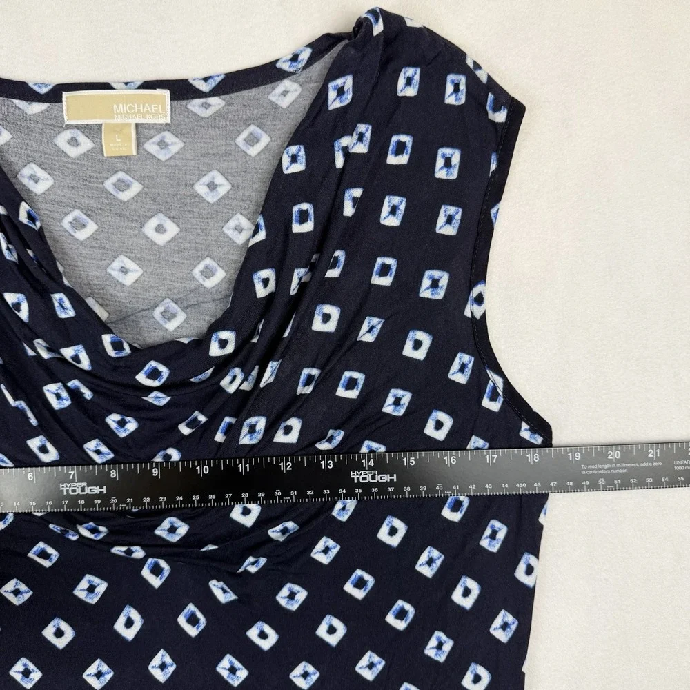 Michael Kors Sleeveless Top Womens Large Blue White Geometric Print Cowl-Neck